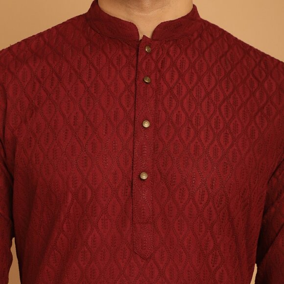 Designer Maroon Chikankari Embroidered Kurta Pajama - Picture 7 of 8